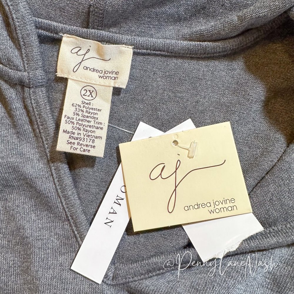 NWT Andrea Jovine Oversized Gray Hooded Poncho w/Faux Leather Trim - Picture 6 of 9